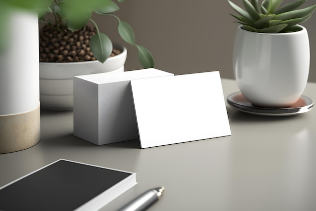 A white desk with a pen, a book, a pen, and a white card on it.