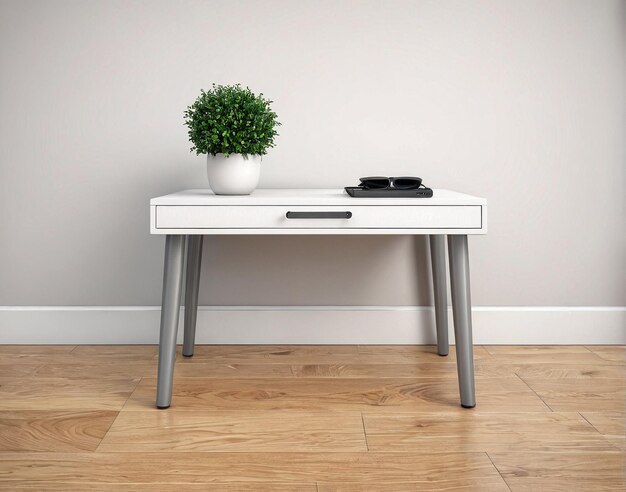 a white desk with a plant on top