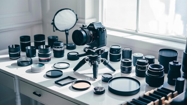 Photo white desk with a professional camera and accessoires