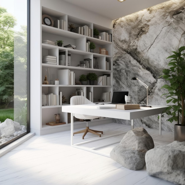 A white desk with a rock wall behind it