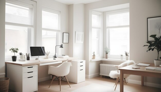 a white desk with a white chair and a lamp on it