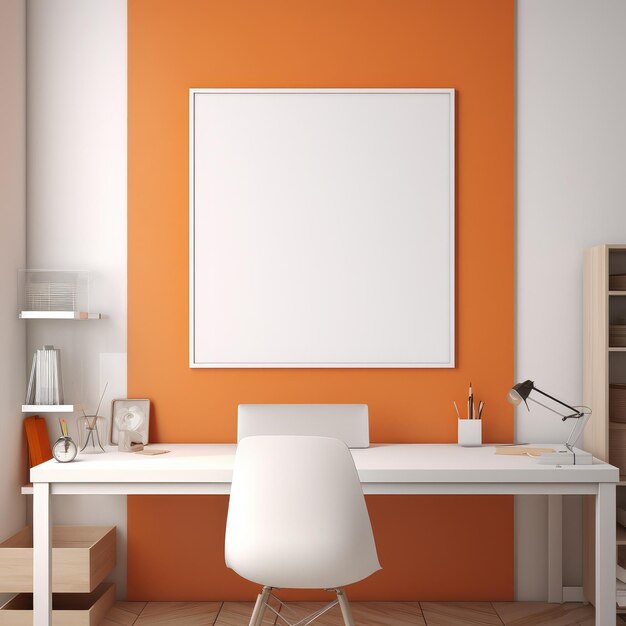 White desk with white chair and orange wall