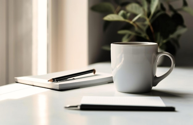 A white desk with a writing tablet pen and a coffee mug