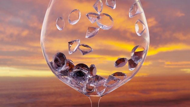 I diamanti bianchi stanno cadendo in una coppa di vetro di champagne con il mare crepuscolare sfocato sullo sfondo
