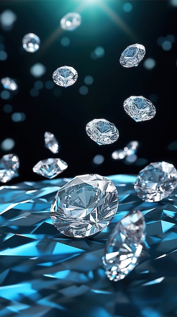 写真 濃い青色の垂直背景に浮かぶ白いダイヤモンドの宝石のクローズアップ暗い表面にスペクトルの輝きマクロで輝く貴重な宝石石ai生成コンテンツ