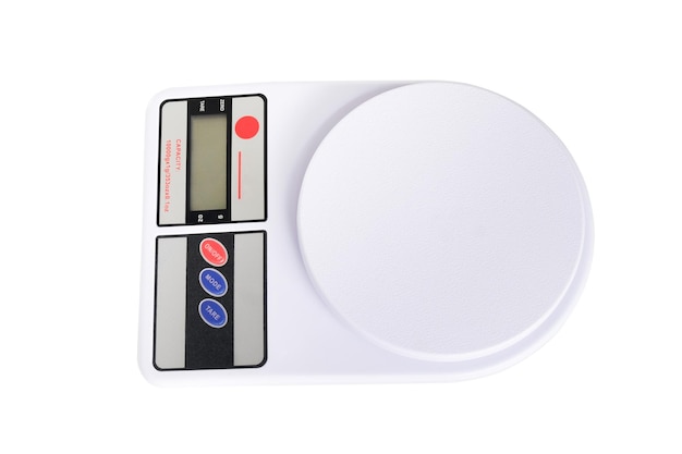 Photo white digital kitchen scale machine for weighing foodclipping path