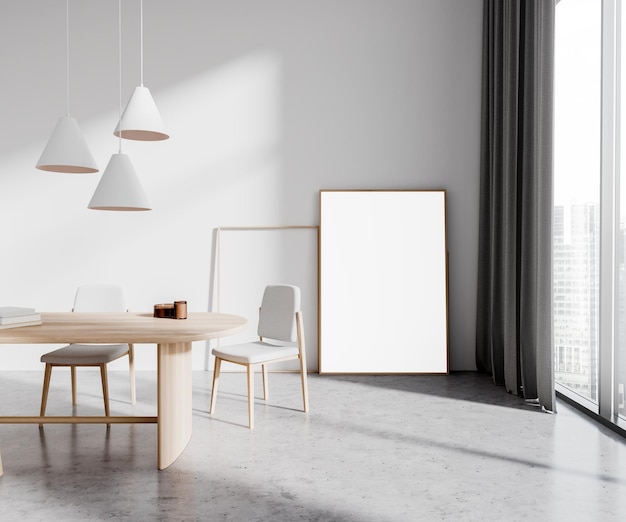 White dining room with poster on floor