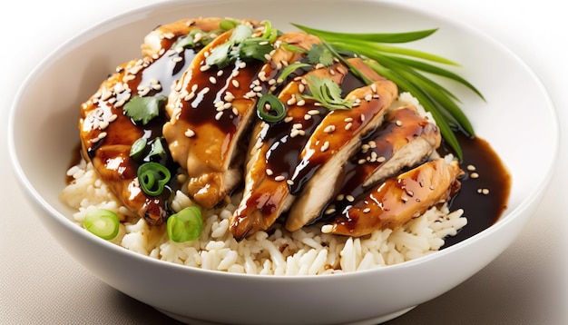 White dish of teriyaki chicken from Asia served with rice sesame seeds and green onions