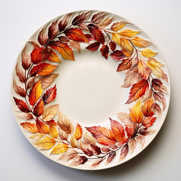 a white dish with red yellow and orange leaves sitting on a colorful plate
