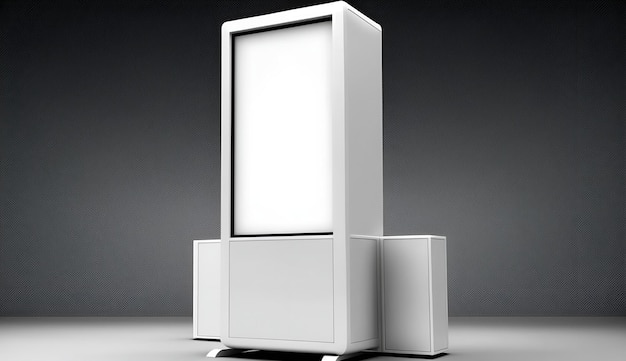 A white display stand with a large white screen in the middle.