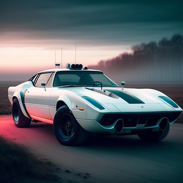 Photo a white dodge challenger with a blue stripe on the front.