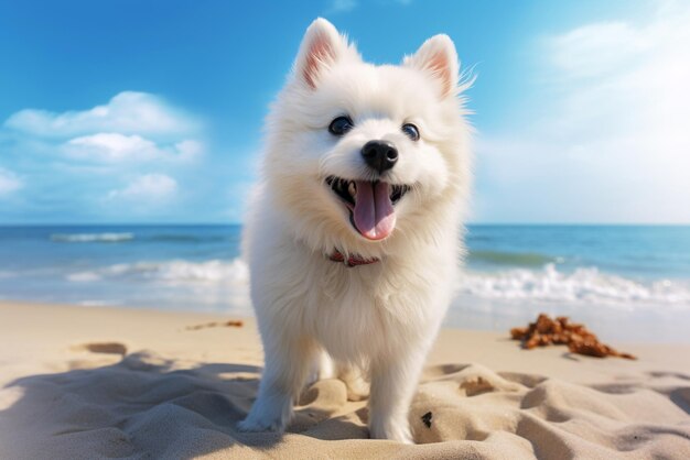 White dog on the beach smiling at the camera