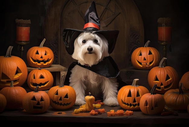 a white dog dressed in witch costumes gathered around pumpkins in the style of light orange