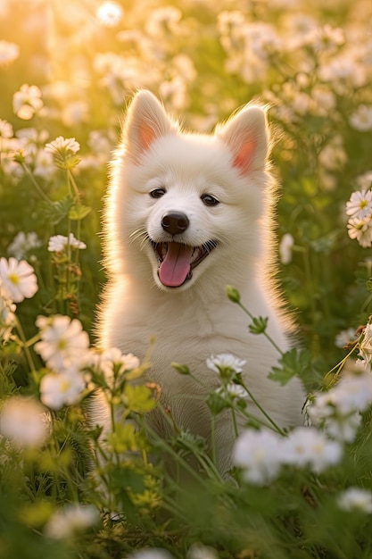 a white dog in a field of flowers