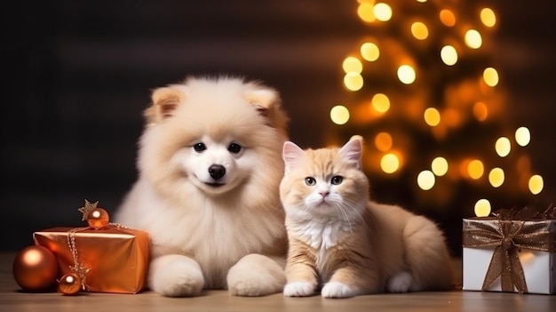 white dog and ginger cat pets isolated on blurred xmas lights and tree