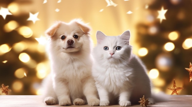 white dog and ginger cat pets isolated on blurred xmas lights and tree