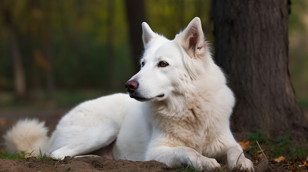 A white dog is laying on a dirt surface.