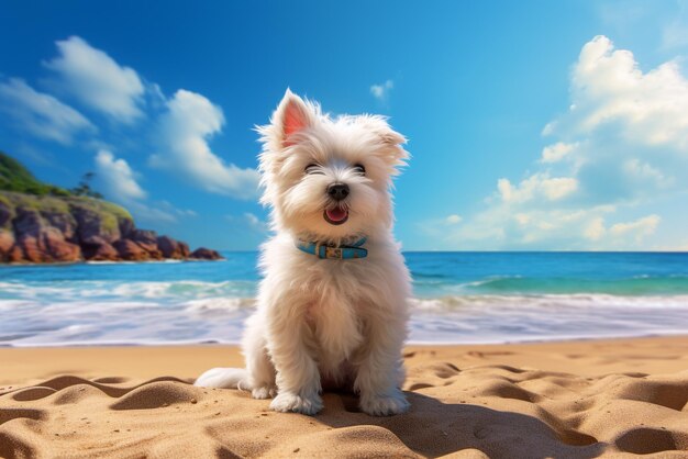 Photo white dog is sitting on the beach