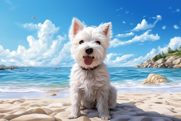 Photo white dog is sitting on the beach