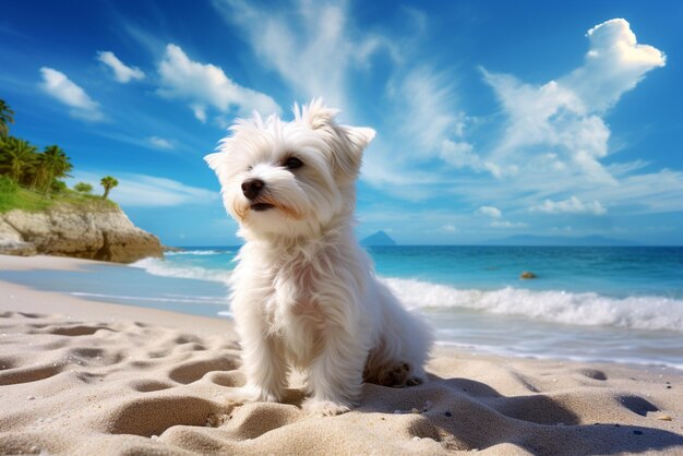 Photo white dog is sitting on the beach