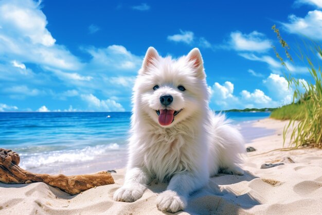 White dog is sitting on the beach