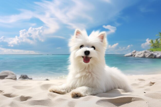 White dog is sitting on the beach