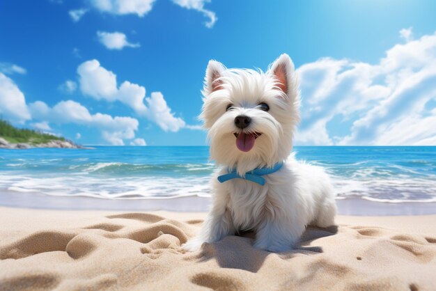 White dog is sitting on the beach