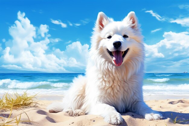 White dog is sitting on the beach