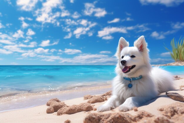 White dog is sitting on the beach