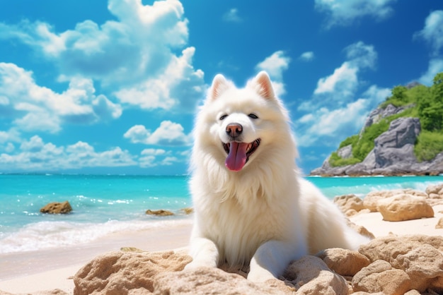 White dog is sitting on the beach