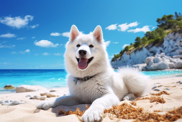 White dog is sitting on the beach