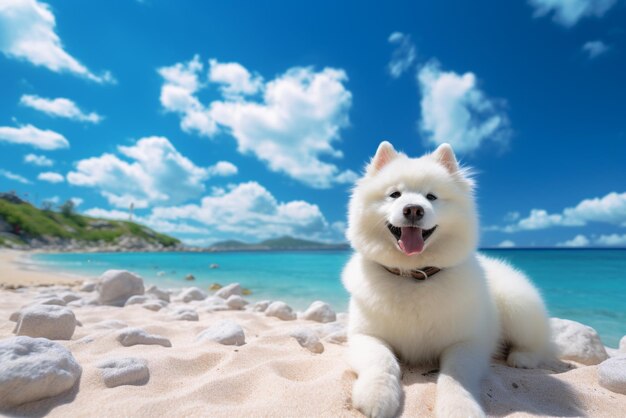 White dog is sitting on the beach