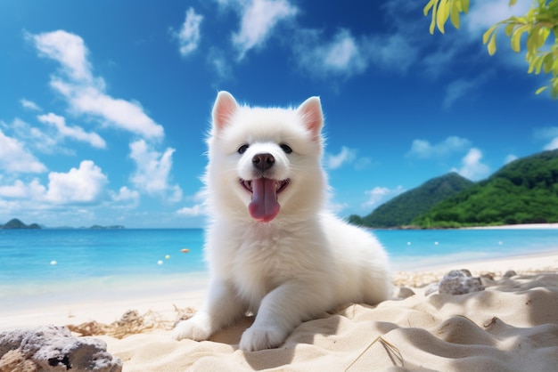 사진 하 ⁇  개가 해변에 앉아 있다.
