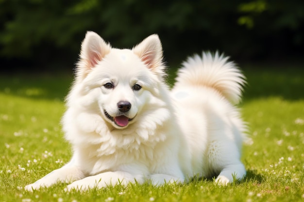 A white dog laying on the grass