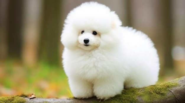 A white dog on a log