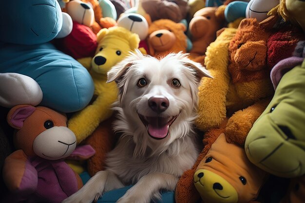 white dog playing with colorful stuffed animals