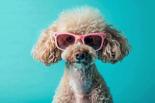 White dog in rosecolored glasses on blue background