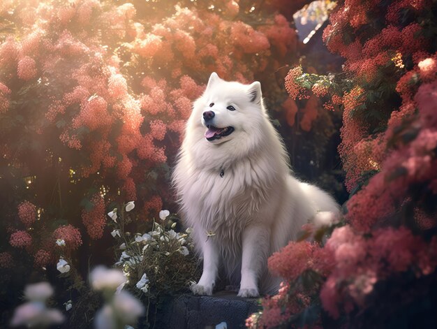 A white dog sits among flowers in a field.