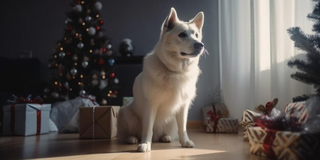 白い犬は家のクリスマスツリーの近くに座っています