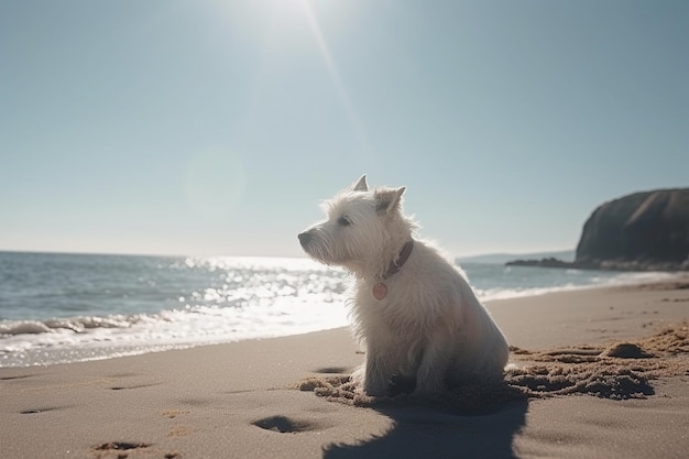 Белая собака сидит на пляже в окружении моря под солнечным светом концепции одиночества