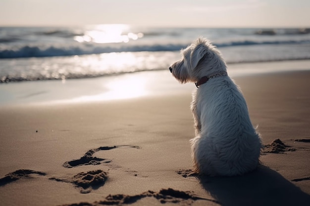 White dog sitting on the beach surrounded by the sea under the sunlight concept of loneliness