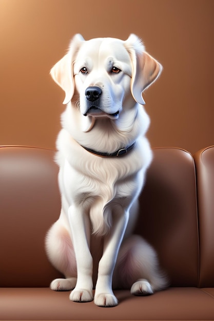茶色のソファに座っている白い犬