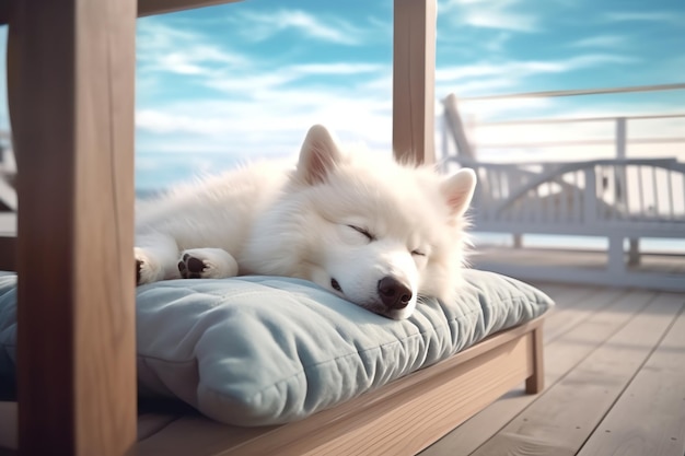 「akita」と書かれたクッションの上で白い犬が寝ています。