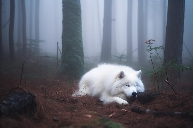 Белая собака спит в туманном лесу.