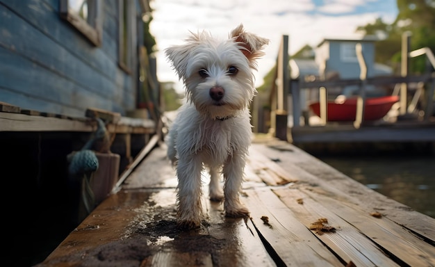 ペットの木製のドックに立っている白い犬