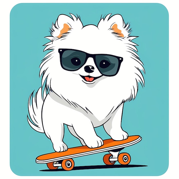 Photo white dog in sunglasses riding a skateboard