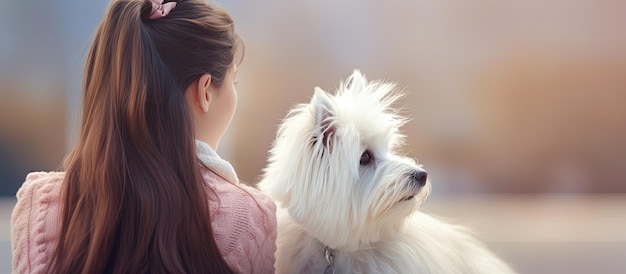写真 注意を待つ白い犬と、コピースペースのある側面図のポートレートで女の子を見つめるペット
