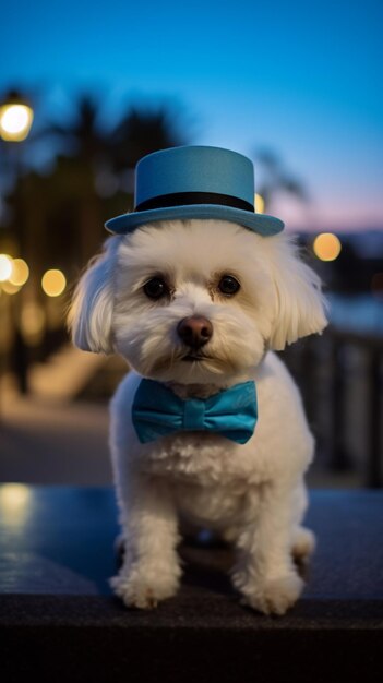 A white dog wearing a blue hat and a bow tie sits on a table