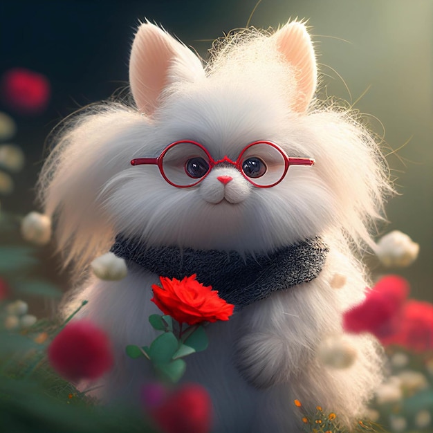 White dog wearing glasses standing in a field of flowers generative ai