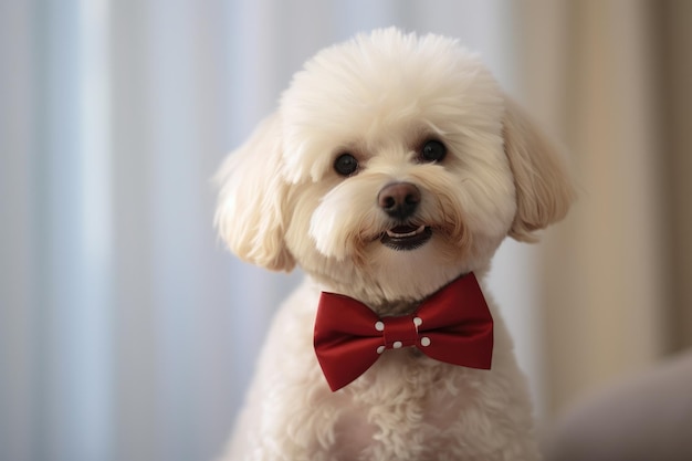 a white dog wearing a red bow tie